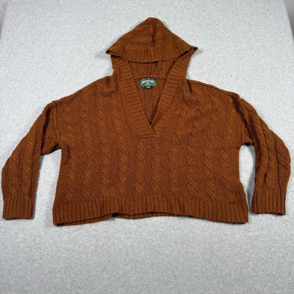 American Eagle Womens Cable Knit Hooded Sweater Brown V-Neck Size L Fall Cozy